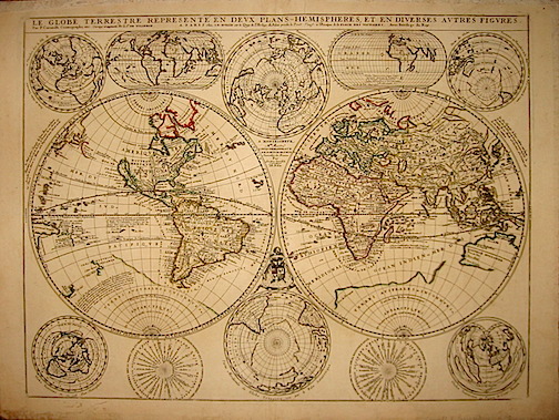 Coronelli Vincenzo Maria (1650-1718) - De Tillemont Jean-Nicolas Le Globe Terrestre representé en deux Plans-Hemispheres, et en diverses autres figures s.d. (1699) Paris, chez I.B. Nolin sur le Quai de l'Horloge... 